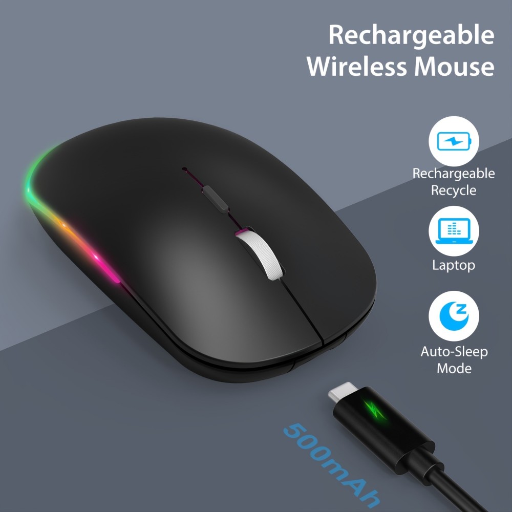 WisFox 2.4G Rechargeable Silent Wireless BT Mouse - RGB LED Ergonomic Mouse with 3 Modes (BT5.0/3.0+USB) - Perfect for Laptop, Desktop, Windows, Mac, IPad