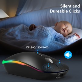 WisFox 2.4G Rechargeable Silent Wireless BT Mouse - RGB LED Ergonomic Mouse with 3 Modes (BT5.0/3.0+USB) - Perfect for Laptop, Desktop, Windows, Mac, IPad